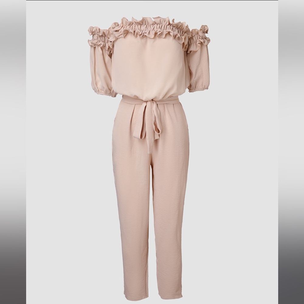 Elegant Off-Shoulder Frill Hem Tied Detail Jumpsuit